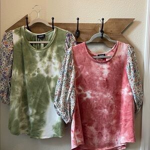 GiGio Women's Tie-Dye Blouses - Green and Pink with Floral Sleeves- set of 2